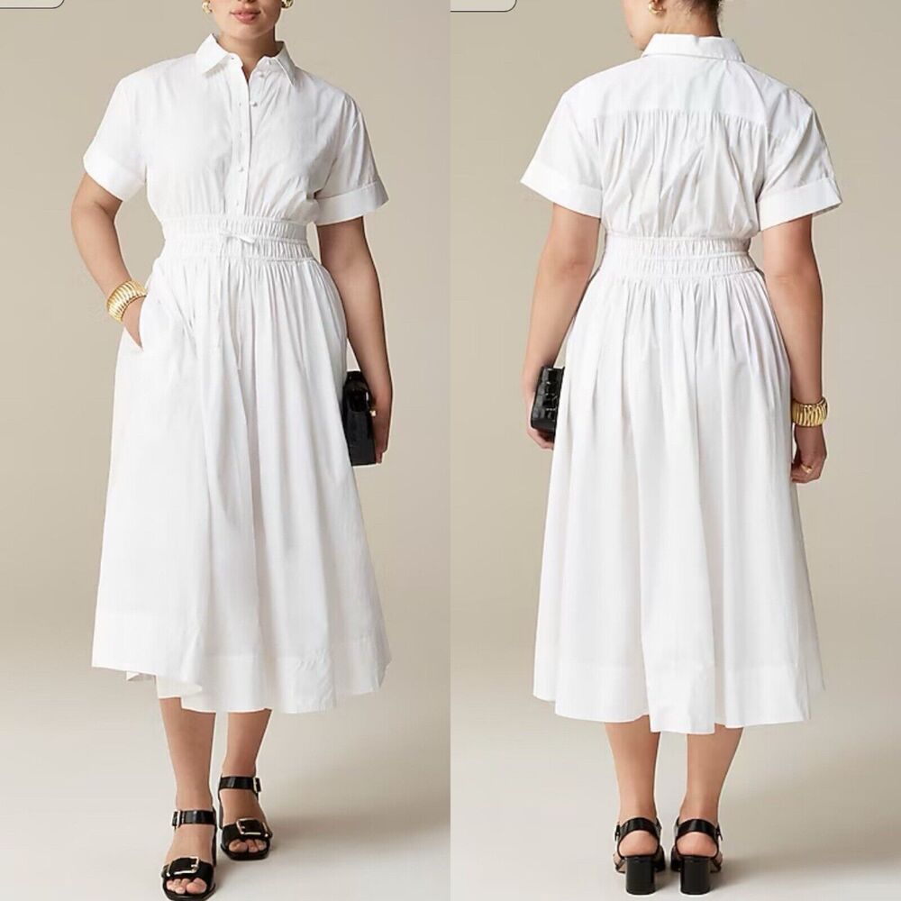 J.CREW Elena Shirtdress Women 2 White Cotton Poplin Midi Dress Pockets BY832